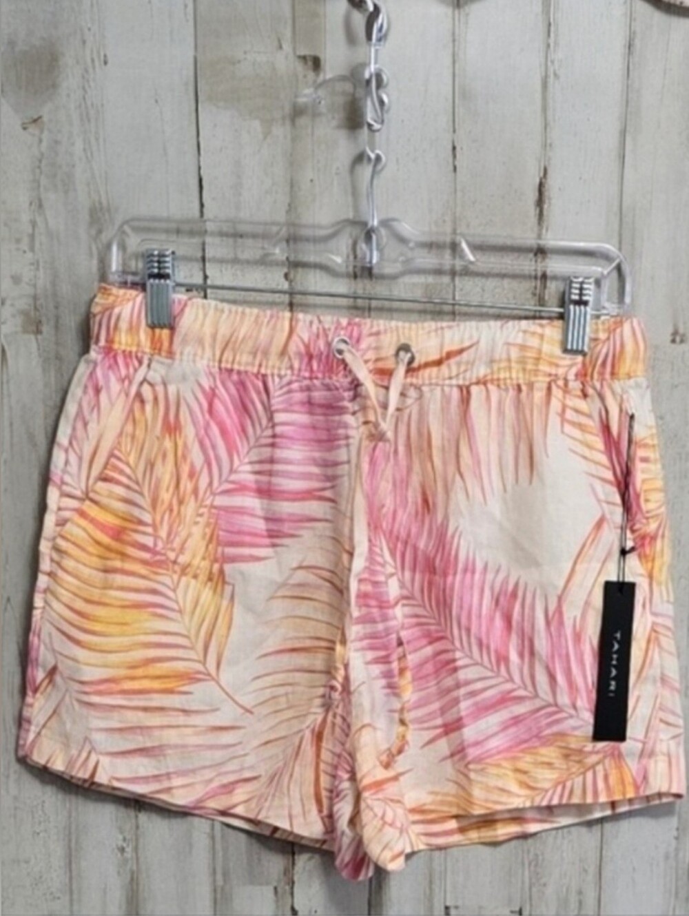 Tahari Pink Orange Tropical 100 Lux Linen Pull On Drawstring Shorts Size Small